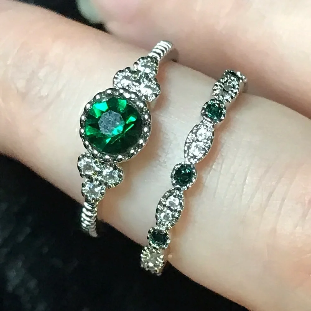 Emerald Green Stone Ring Set Silver